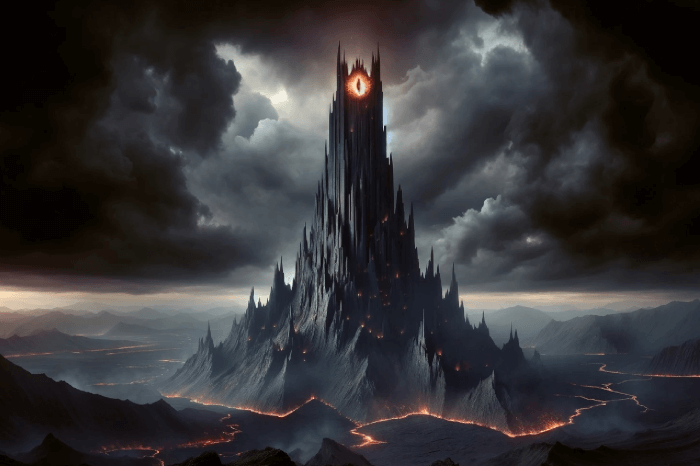 Fantasy-Szene aus dem Herr-der-Ringe-Universum: Saurons Auge thront auf einem dunklen Turm
