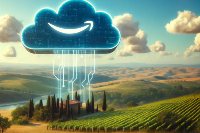 Digitale Cloud mit einem Amazon-Lächeln über einer italienischen Landschaft