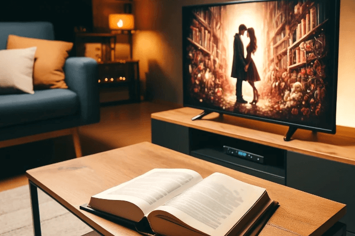 Buchverfilmung: Ein Buch liegt vor einem Fernseher, in dem eine Romanze läuft